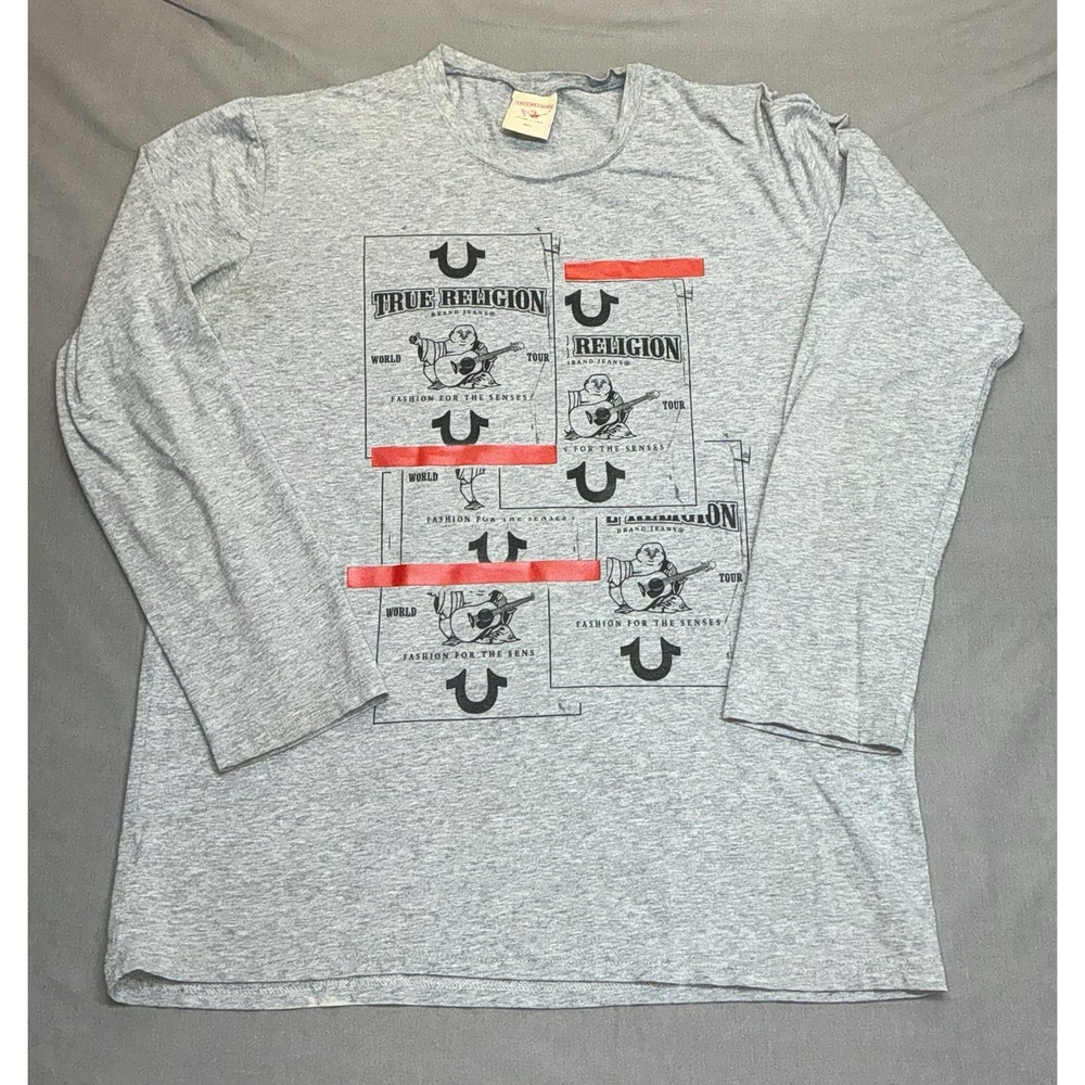 True Religion Buddha Tape  T-Shirt Womens XXL Gray Tee Crew Graphic Rare Logo